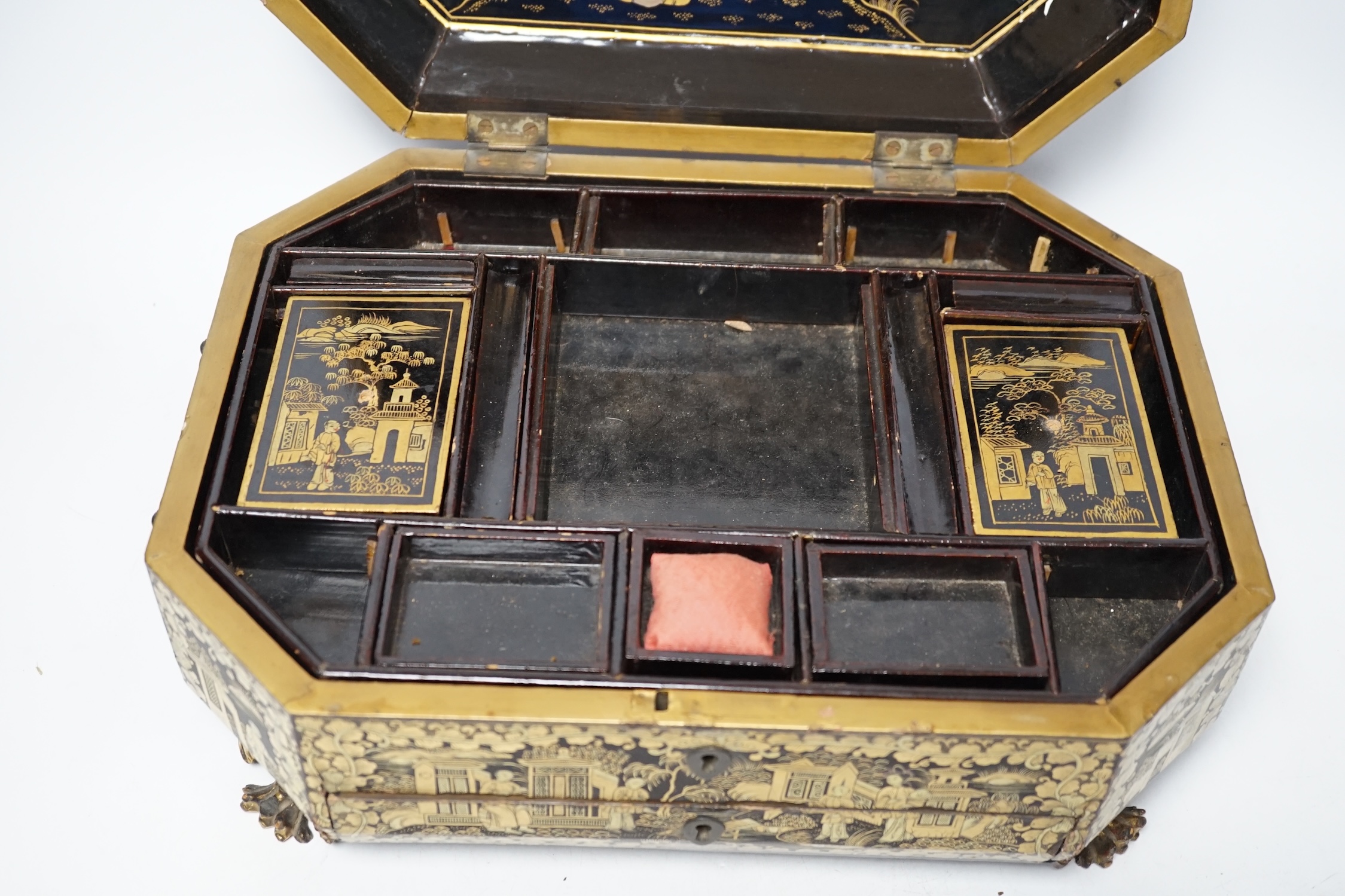 A mid 19th century Chinese export gilt decorated black lacquer work box and a George III mahogany tea caddy